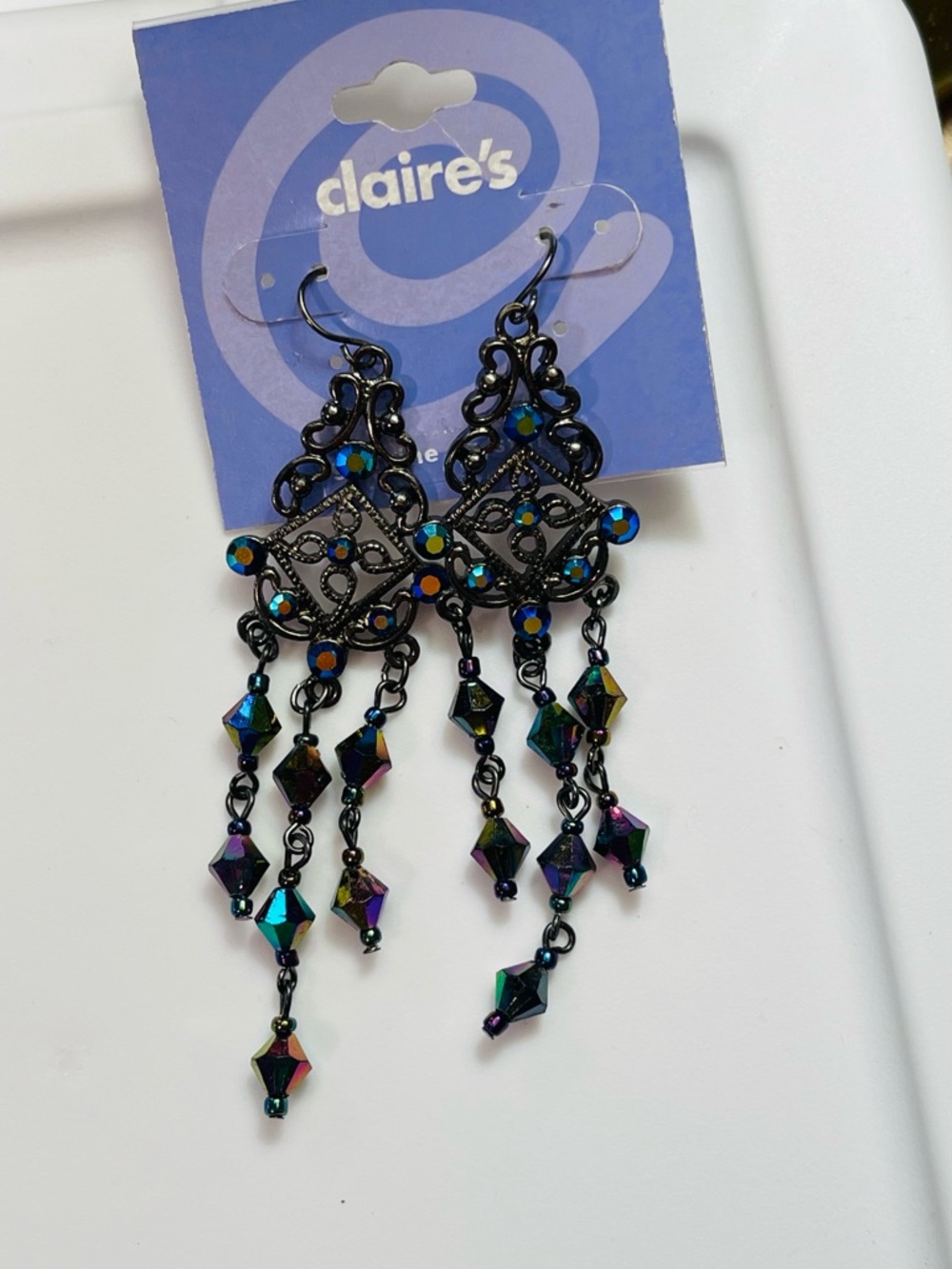 Vintage Y2K Claire's Iridescent Black Beaded Dangle Earrings